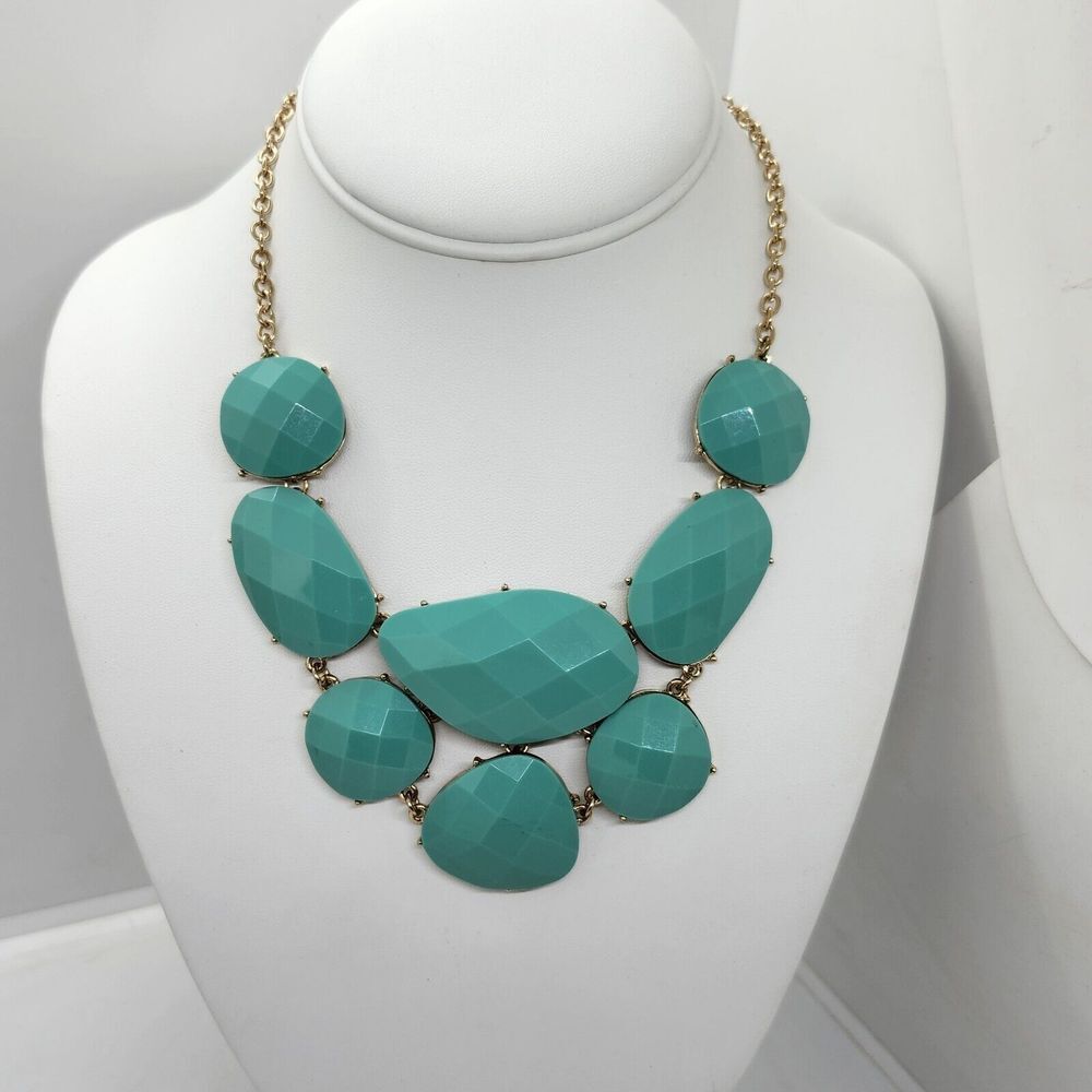 Gold Tone And Teal Bib‎ Statement Necklace